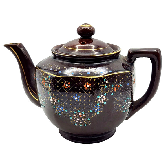 Vtg Hand Painted Teapot Redware Japan Moriage Brown Orange Blue Gold Trim 6.5x8 - Picture 14 of 14